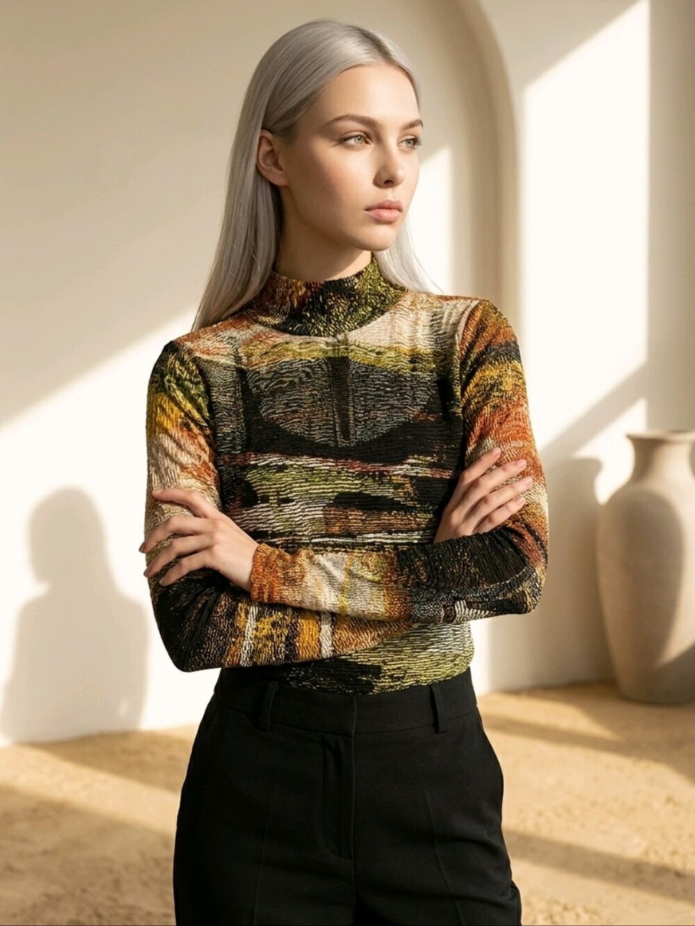 Anne Klein Multicolor Sheer Long Sleeve Top Sz M